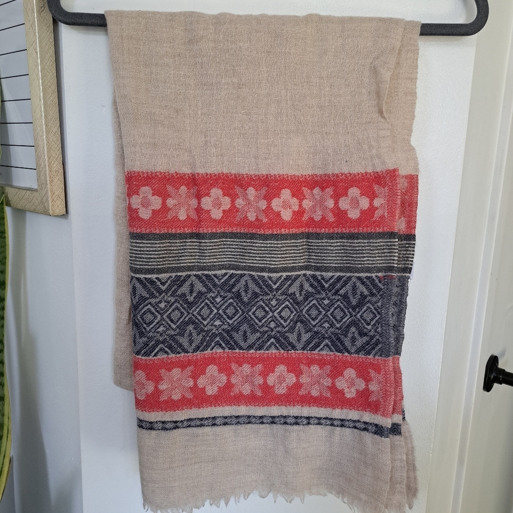 Carolina Amato Vintage Striped Coral Cream Blue 100% Wool Shawl Wrap Scarf